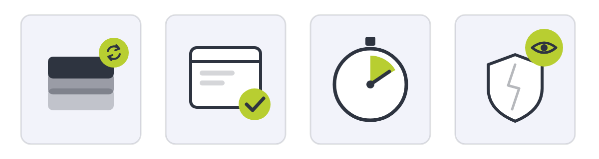 Vier Symbole nebeneinander: ein Stapel Update-Karten, ein Prüfhäkchen auf einem Testfenster, eine Stoppuhr und ein Auge, das eine offene Lücke beobachtet.