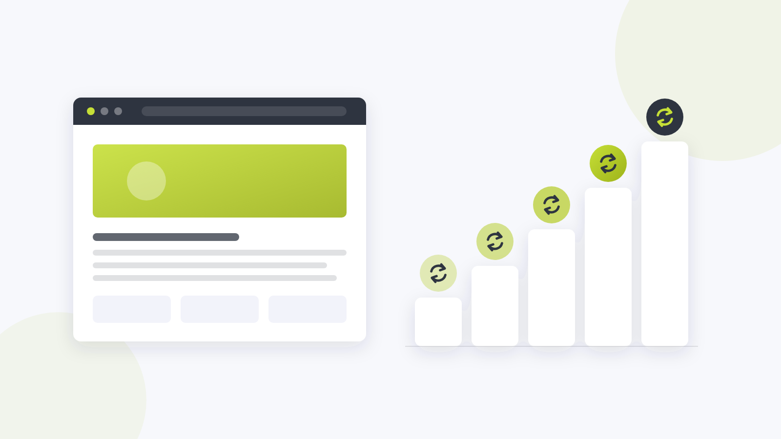 Ein stilisiertes Browserfenster, daneben eine Treppe aus Update-Symbolen, die von links nach rechts immer höher wird.