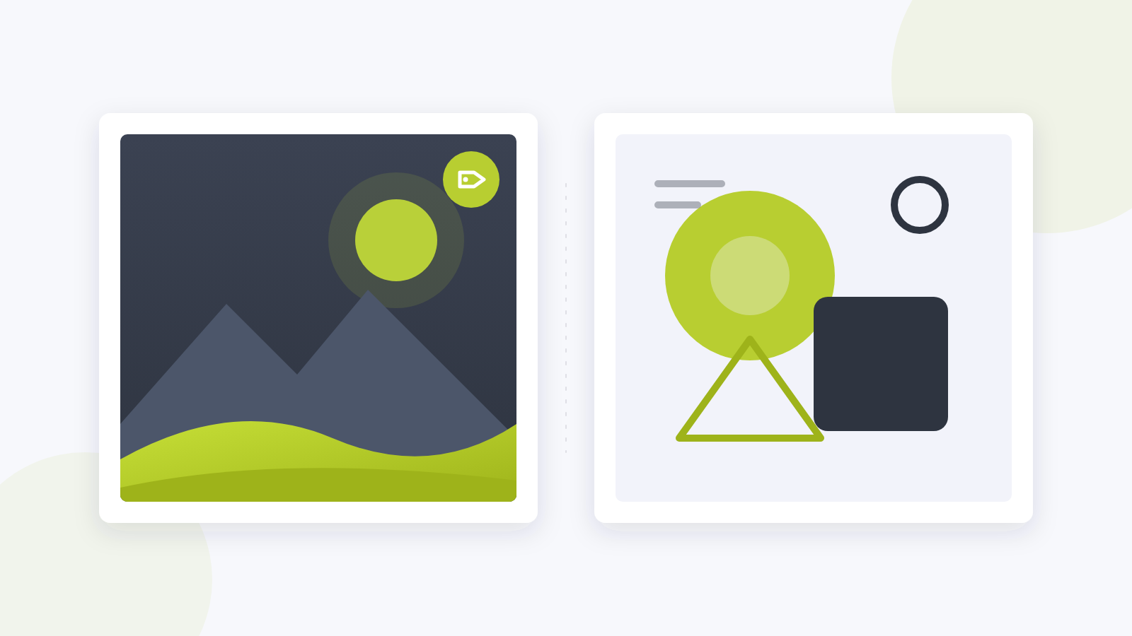 Zwei Bildkarten nebeneinander: links ein fotoähnliches Landschaftsmotiv mit einer Markierung in der Ecke, rechts eine abstrakte geometrische Illustration ohne Markierung.